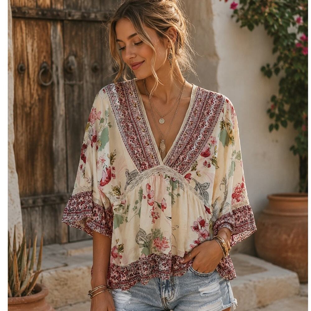Angie Floral Babydoll Top Womens Small Ivory Pink Mixed Print Boho Cottagecore - Picture 8 of 8